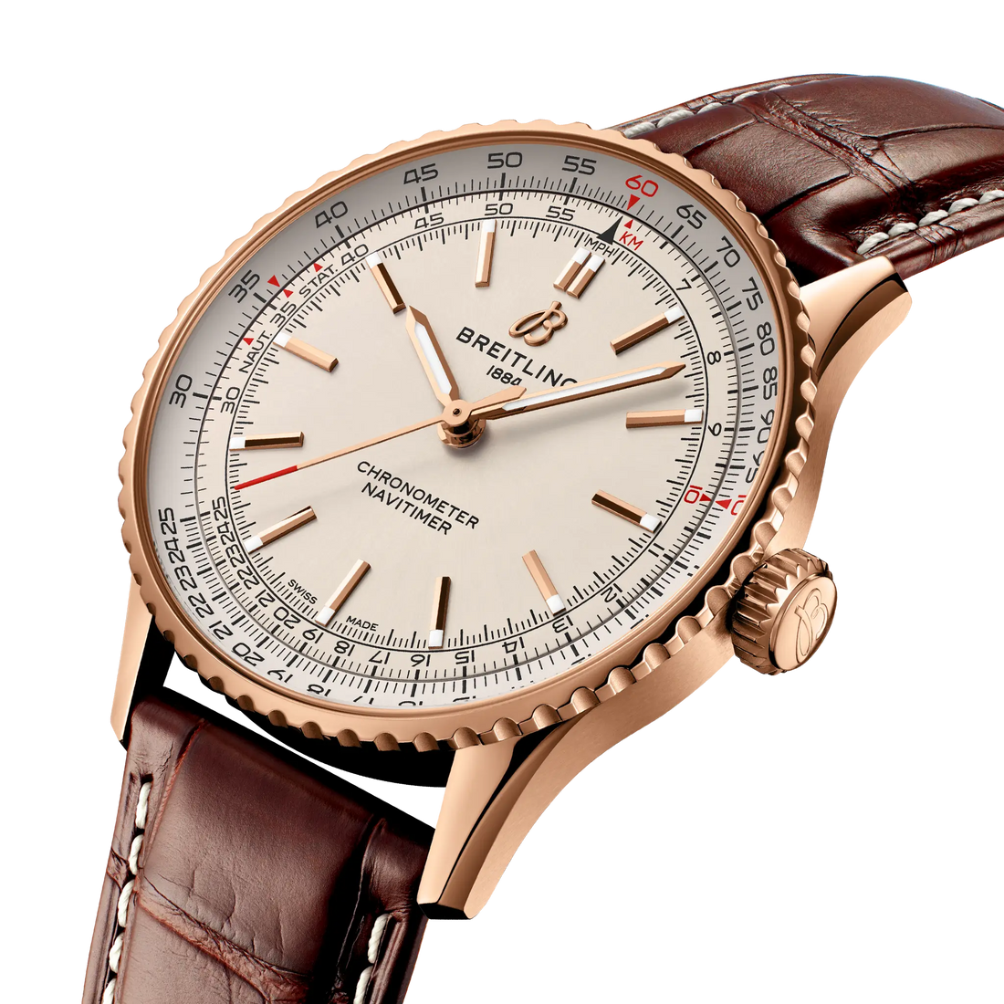 Breitling Navitimer Automatic 41 reference R17329F41G1P1 with Cream dial, Small scale traceable 18K red gold case, alligator strap, three-quarter view