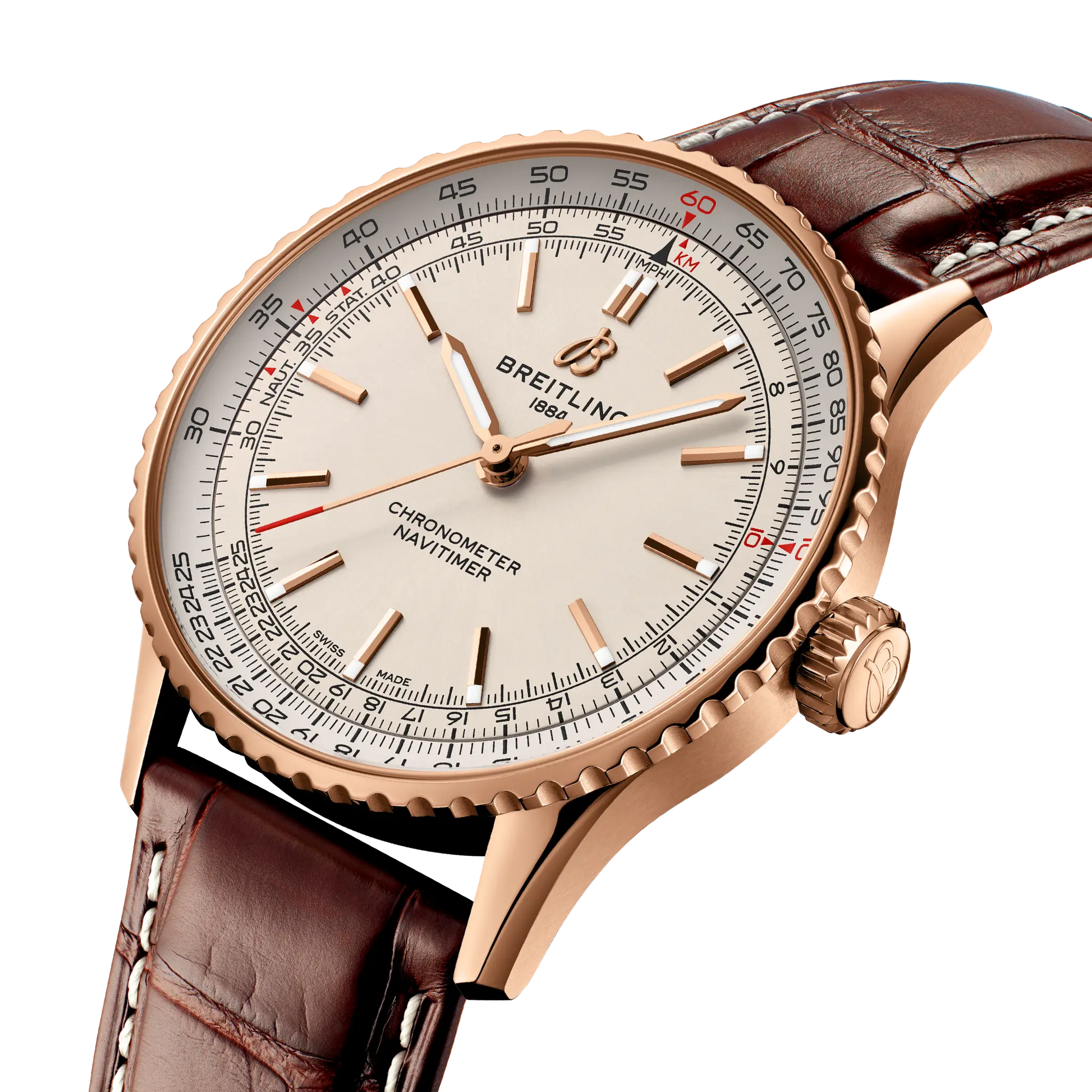 Breitling Navitimer Automatic 41 reference R17329F41G1P1 with Cream dial, Small scale traceable 18K red gold case, alligator strap, three-quarter view