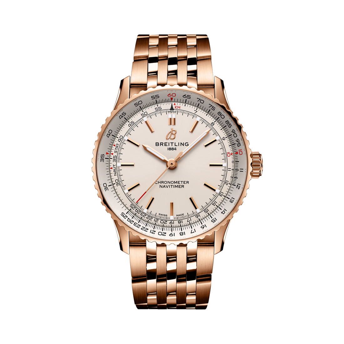 Breitling Navitimer Automatic 41 reference R17329F41G1R1 with Cream dial, Small scale traceable 18K red gold case, bracelet, front view