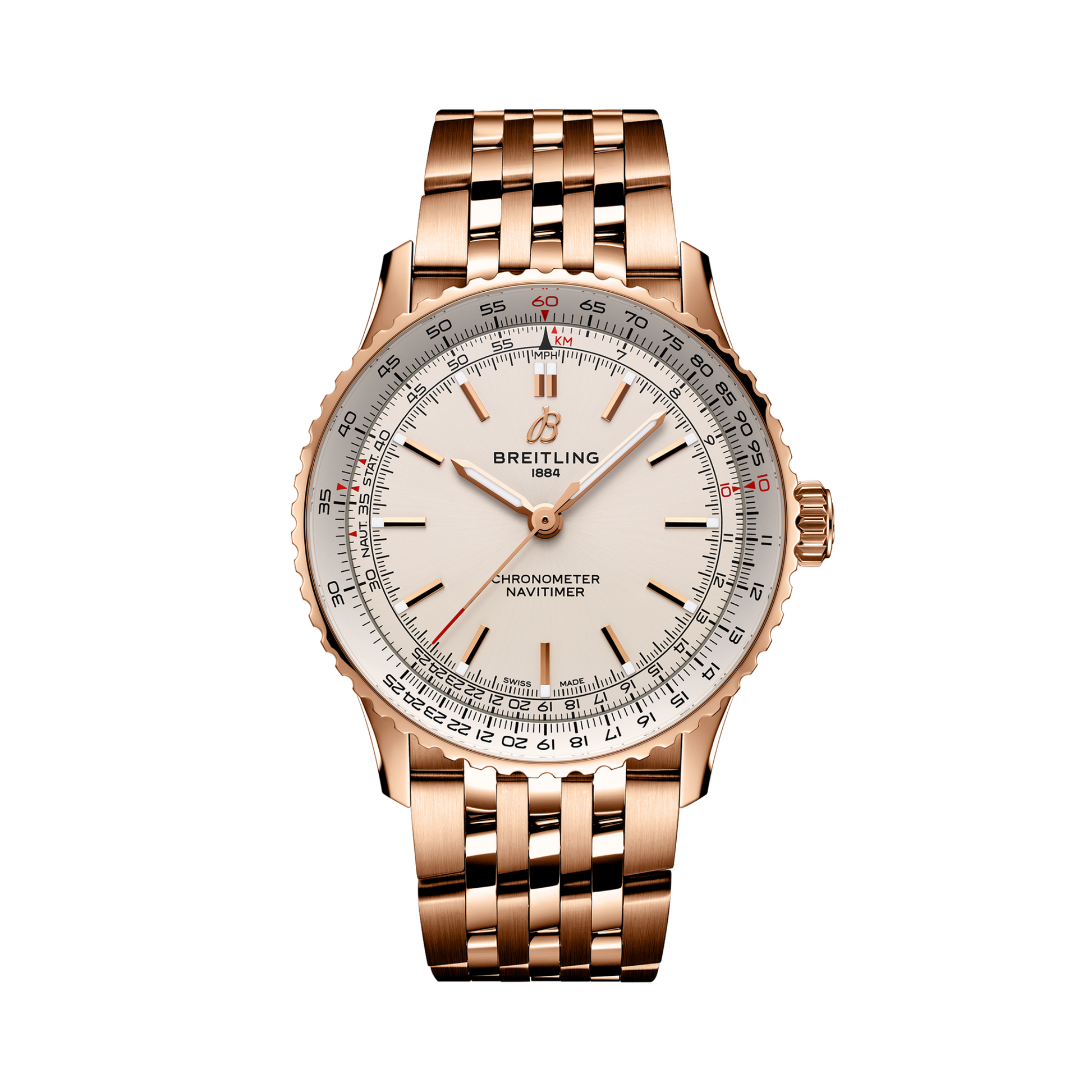Breitling Navitimer Automatic 41 reference R17329F41G1R1 with Cream dial, Small scale traceable 18K red gold case, bracelet, front view