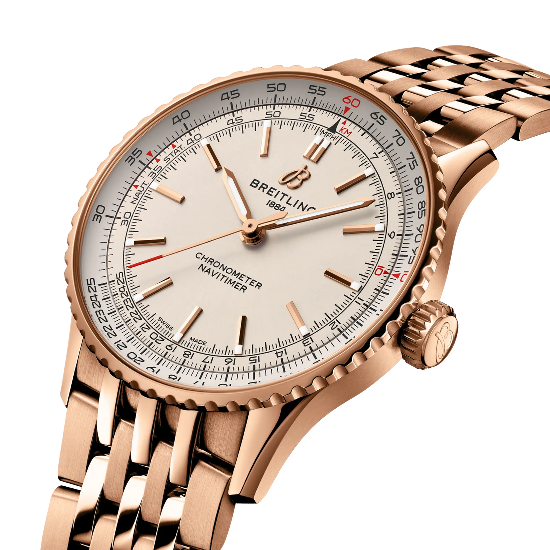 Breitling Navitimer Automatic 41 reference R17329F41G1R1 with Cream dial, Small scale traceable 18K red gold case, bracelet, three-quarter view