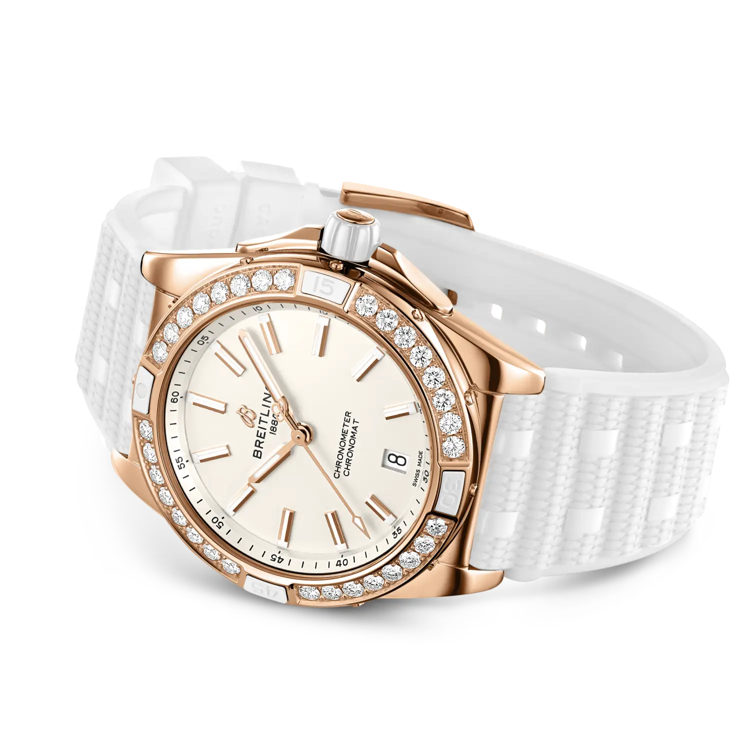 Breitling Super Chronomat Automatic 38 Origins reference R17356531G1S1 with Cream dial, Small scale traceable 18K red gold case, rubber strap, bracelet or strap configuration view