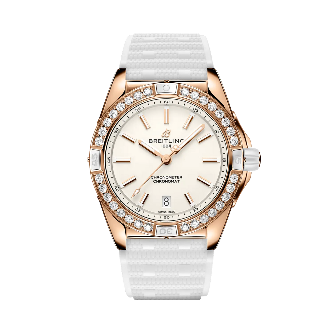 Breitling Super Chronomat Automatic 38 Origins reference R17356531G1S1 with Cream dial, Small scale traceable 18K red gold case, rubber strap, front view