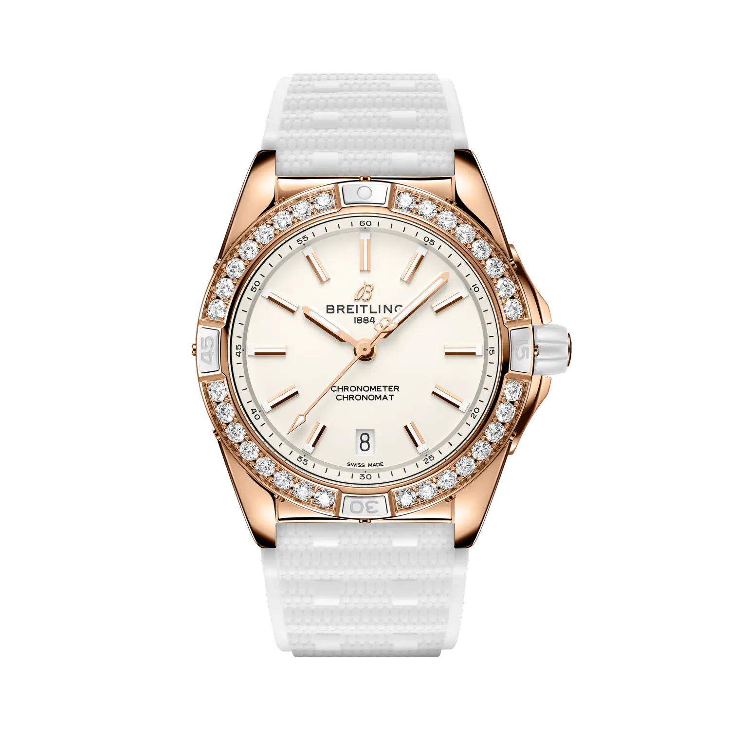 Breitling Super Chronomat Automatic 38 Origins reference R17356531G1S1 with Cream dial, Small scale traceable 18K red gold case, rubber strap, front view