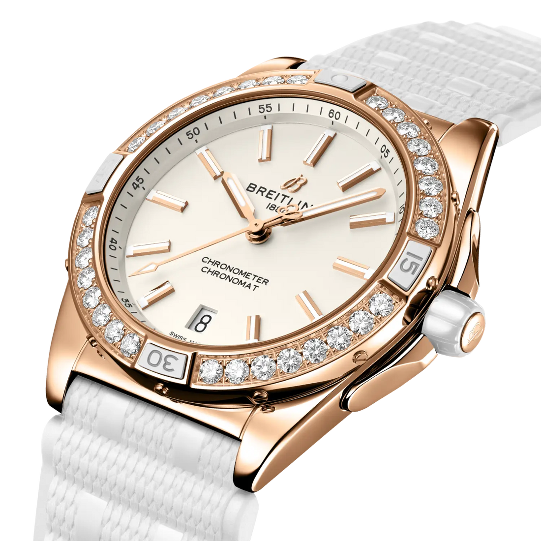 Breitling Super Chronomat Automatic 38 Origins reference R17356531G1S1 with Cream dial, Small scale traceable 18K red gold case, rubber strap, front view