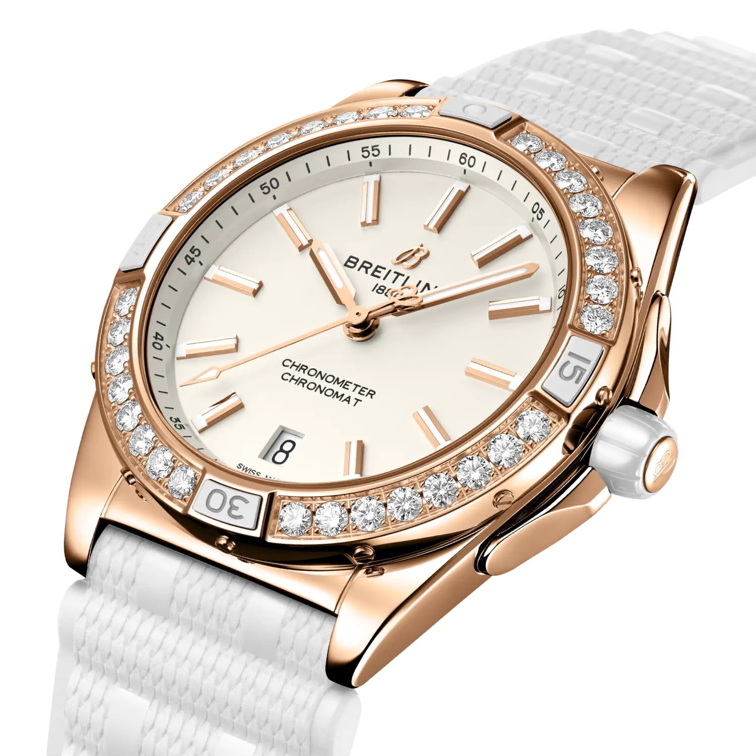 Breitling Super Chronomat Automatic 38 Origins reference R17356531G1S1 with Cream dial, Small scale traceable 18K red gold case, rubber strap, three-quarter view