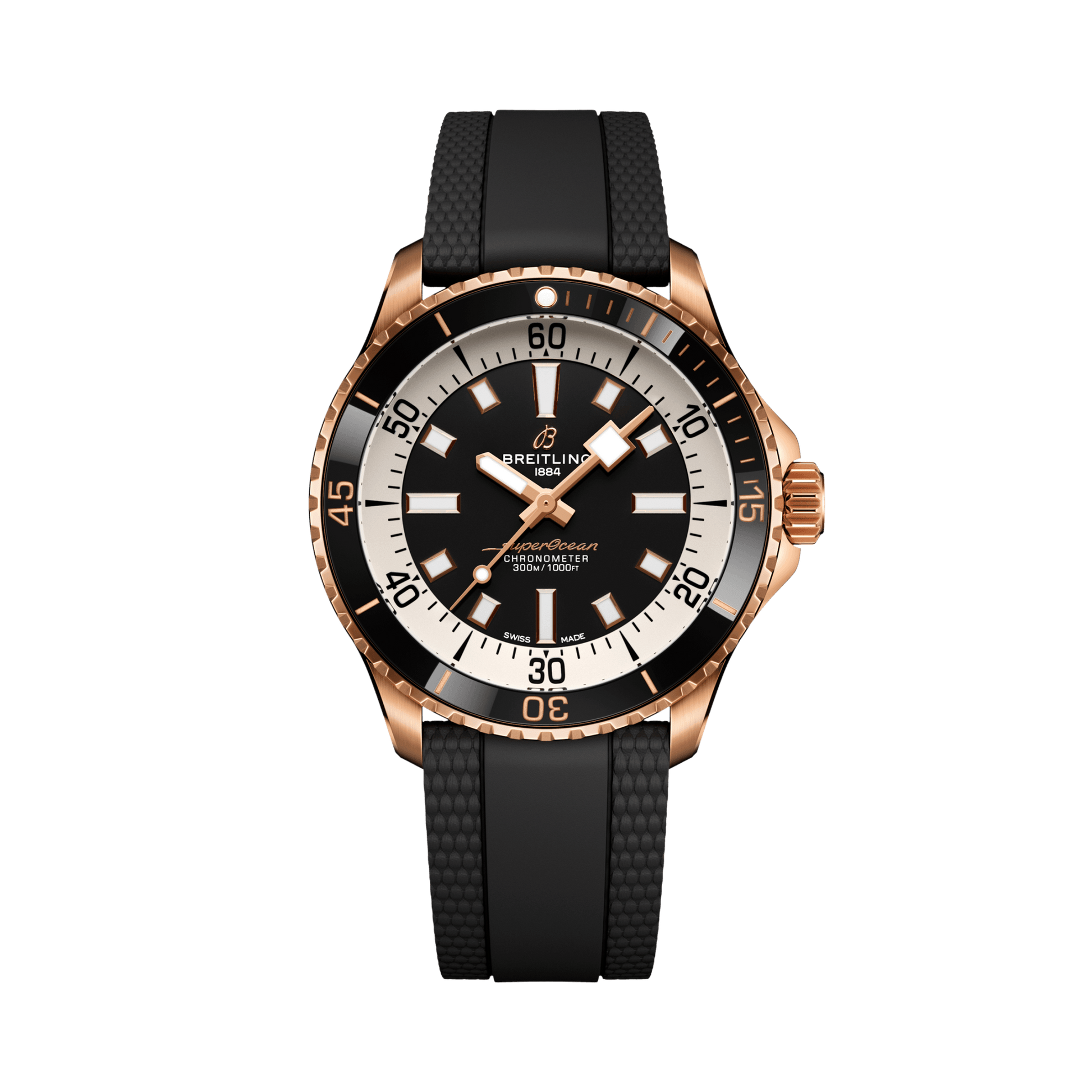 Breitling Superocean Automatic 42 reference R17375211B1S1 with Black dial, 18k red gold case, rubber strap, front view