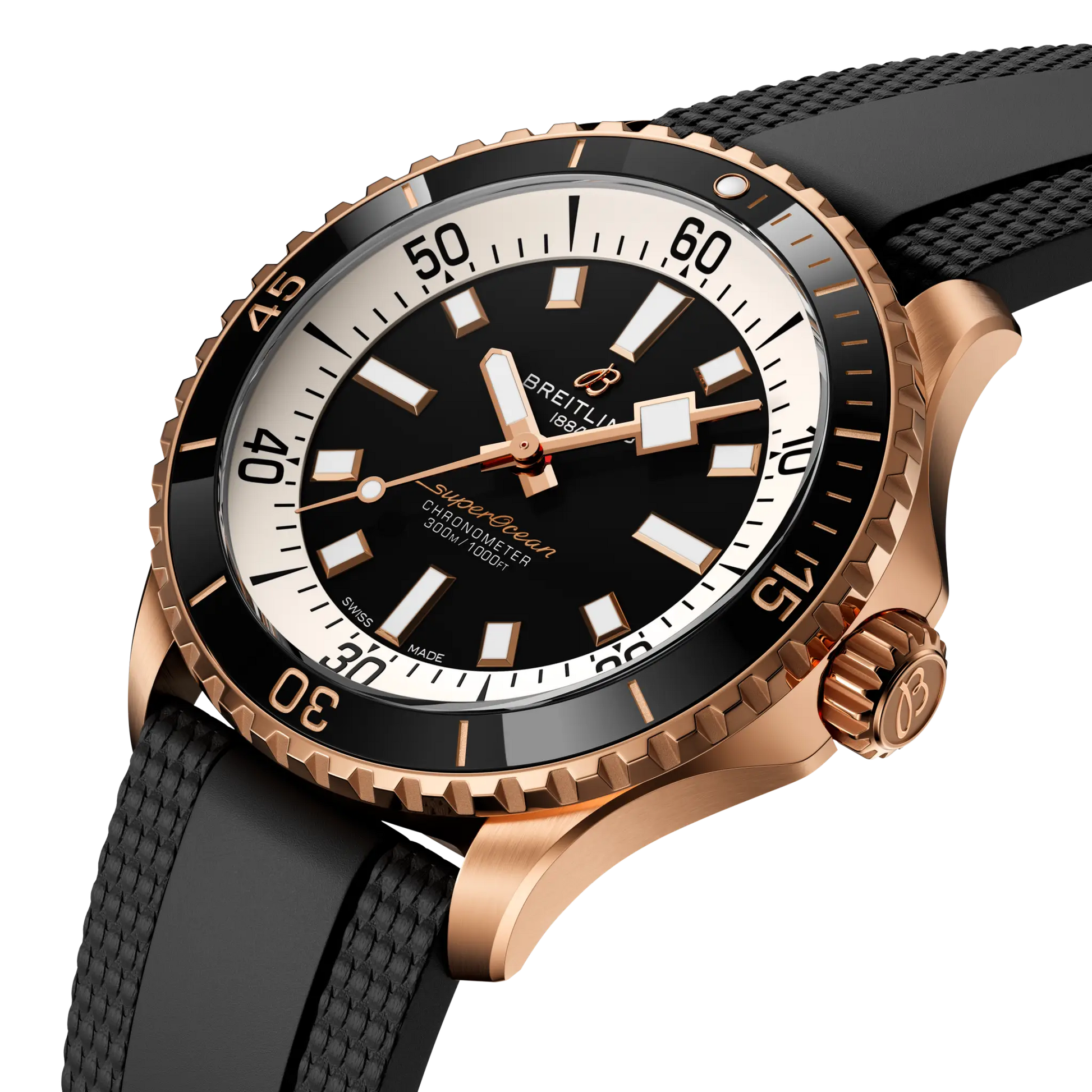 Breitling Superocean Automatic 42 reference R17375211B1S1 with Black dial, 18k red gold case, rubber strap, three-quarter view