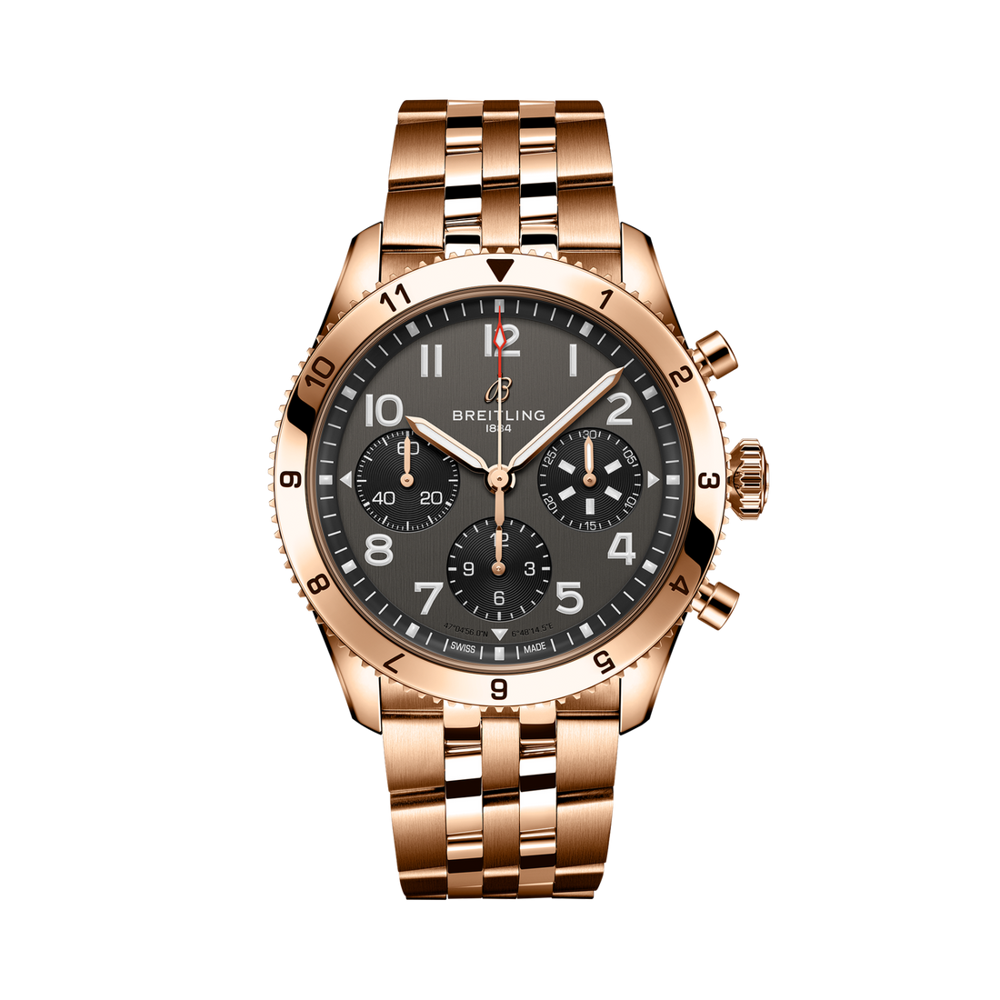 Breitling Classic AVI Chronograph 42 P-51 Mustang reference R233801A1B1R1 with Black dial, 18k red gold case, bracelet, front view