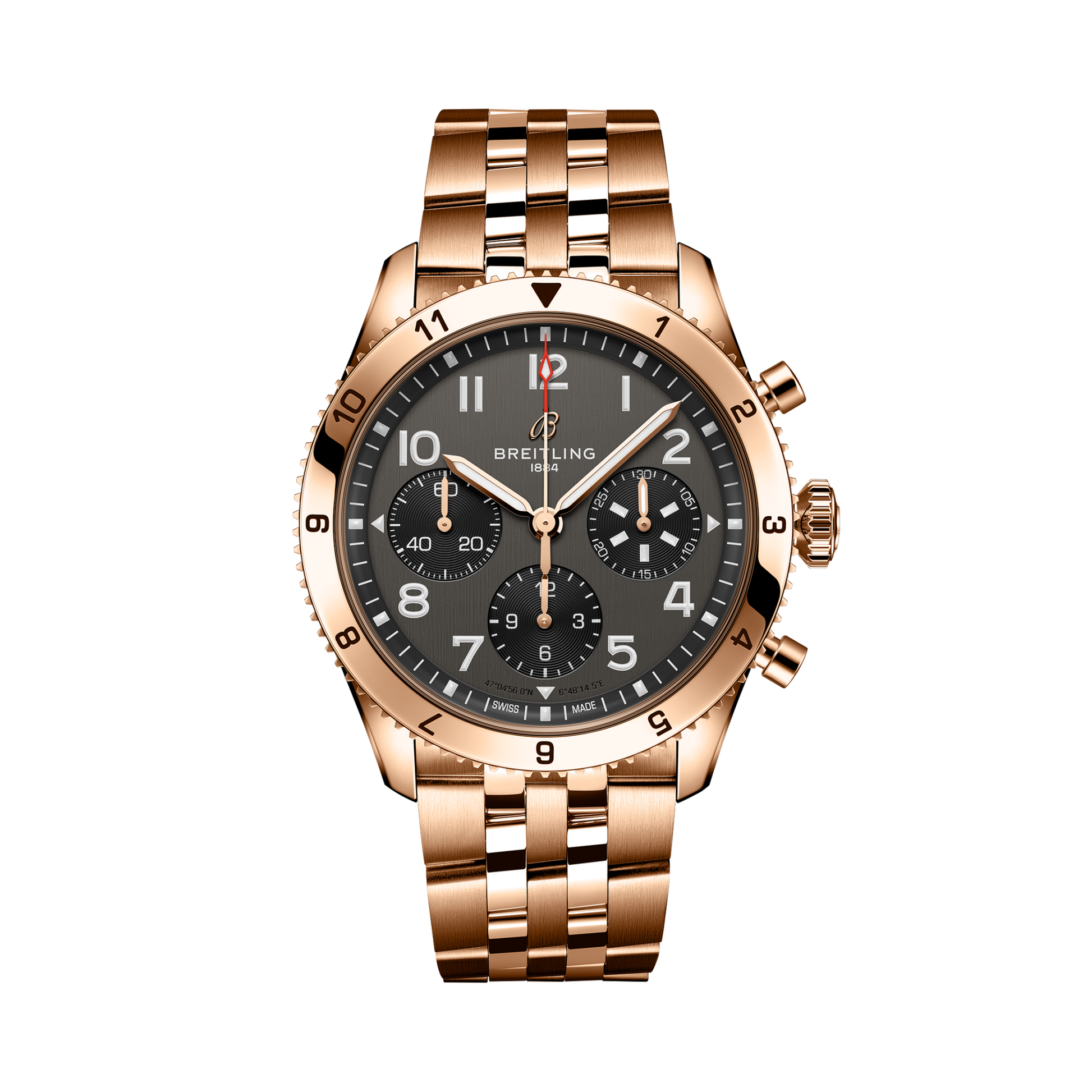 Breitling Classic AVI Chronograph 42 P-51 Mustang reference R233801A1B1R1 with Black dial, 18k red gold case, bracelet, front view