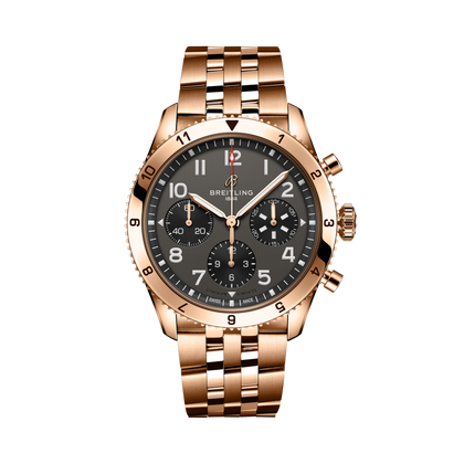 Breitling Classic AVI Chronograph 42 P-51 Mustang reference R233801A1B1R1 with Black dial, 18k red gold case, bracelet, front view
