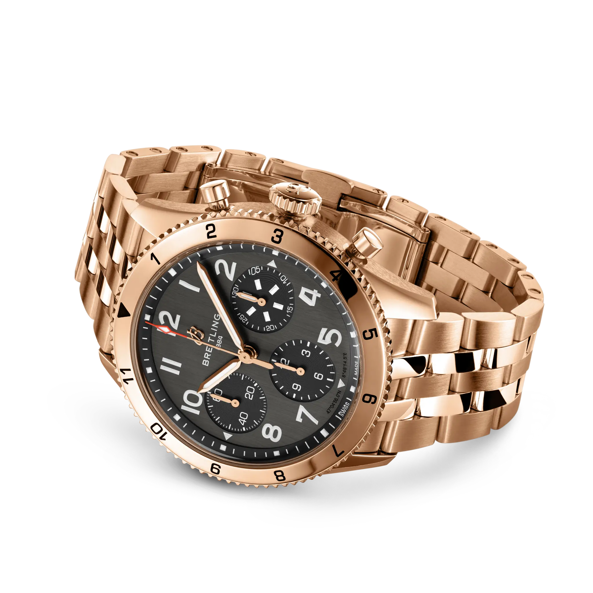 Breitling Classic AVI Chronograph 42 P-51 Mustang reference R233801A1B1R1 with Black dial, 18k red gold case, bracelet, bracelet or strap configuration view