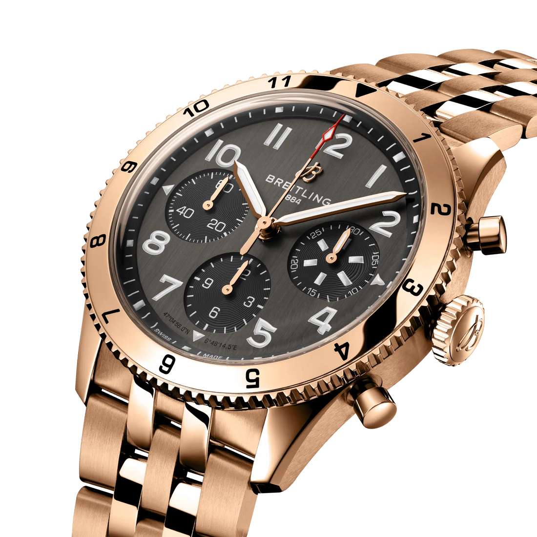 Breitling Classic AVI Chronograph 42 P-51 Mustang reference R233801A1B1R1 with Black dial, 18k red gold case, bracelet, three-quarter view