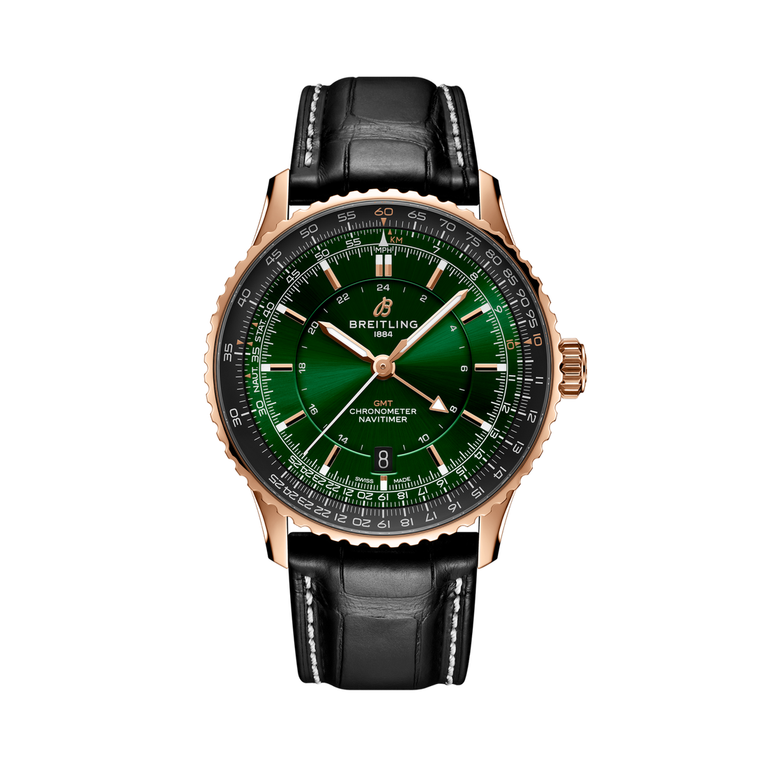 Breitling Navitimer Automatic GMT 41 reference R32310251L1P1 with Green dial, Small scale traceable 18K red gold case, alligator strap, front view