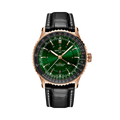 Breitling Navitimer Automatic GMT 41 reference R32310251L1P1 with Green dial, Small scale traceable 18K red gold case, alligator strap, front view