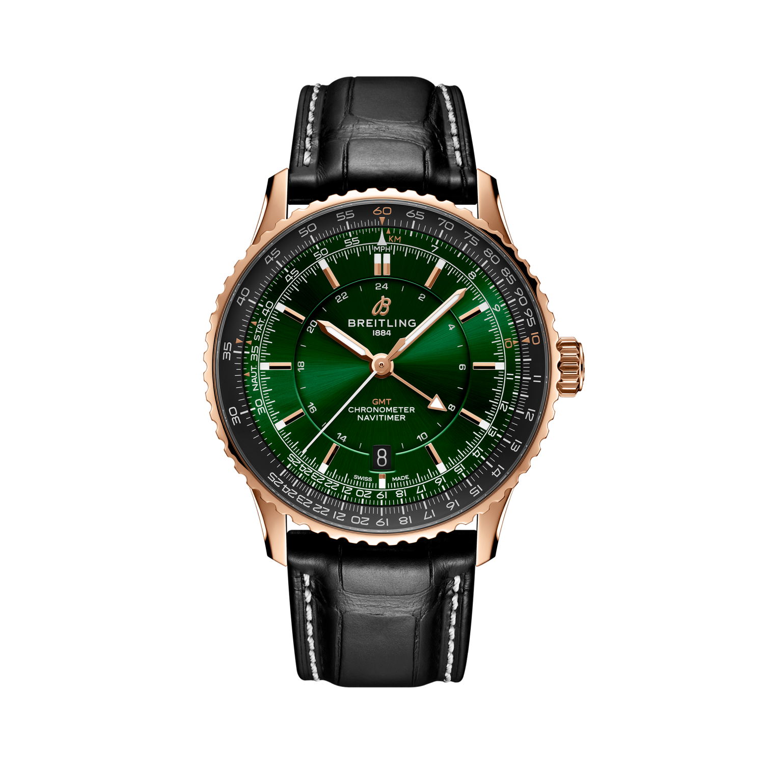 Breitling Navitimer Automatic GMT 41 reference R32310251L1P1 with Green dial, Small scale traceable 18K red gold case, alligator strap, front view