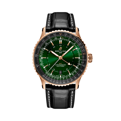 Breitling Navitimer Automatic GMT 41 reference R32310251L1P1 with Green dial, Small scale traceable 18K red gold case, alligator strap, front view