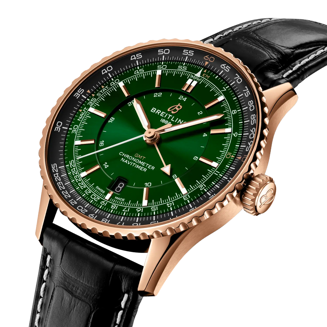 Breitling Navitimer Automatic GMT 41 reference R32310251L1P1 with Green dial, Small scale traceable 18K red gold case, alligator strap, three-quarter view