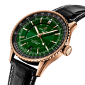 Breitling Navitimer Automatic GMT 41 reference R32310251L1P1 with Green dial, Small scale traceable 18K red gold case, alligator strap, three-quarter view