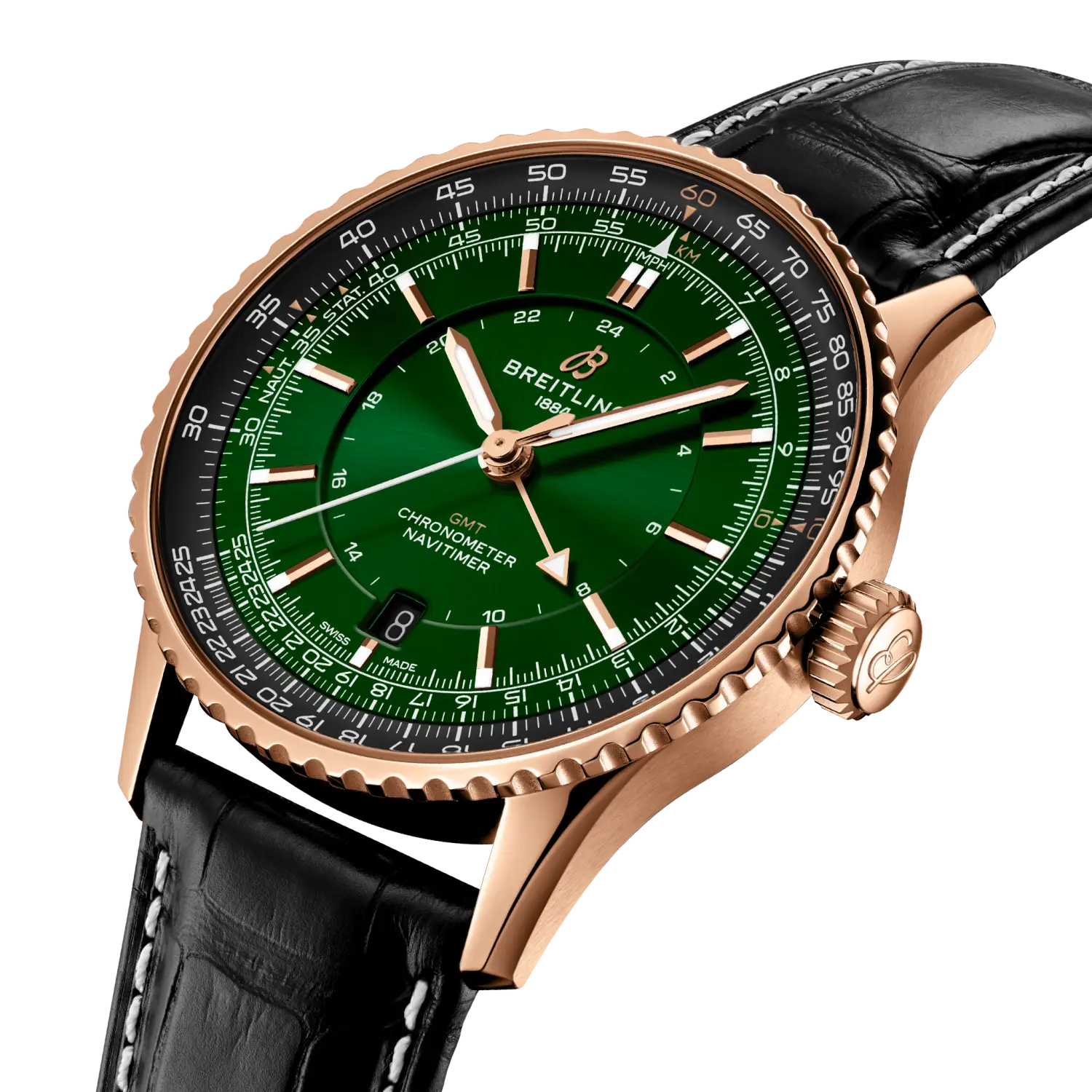 Breitling Navitimer Automatic GMT 41 reference R32310251L1P1 with Green dial, Small scale traceable 18K red gold case, alligator strap, three-quarter view