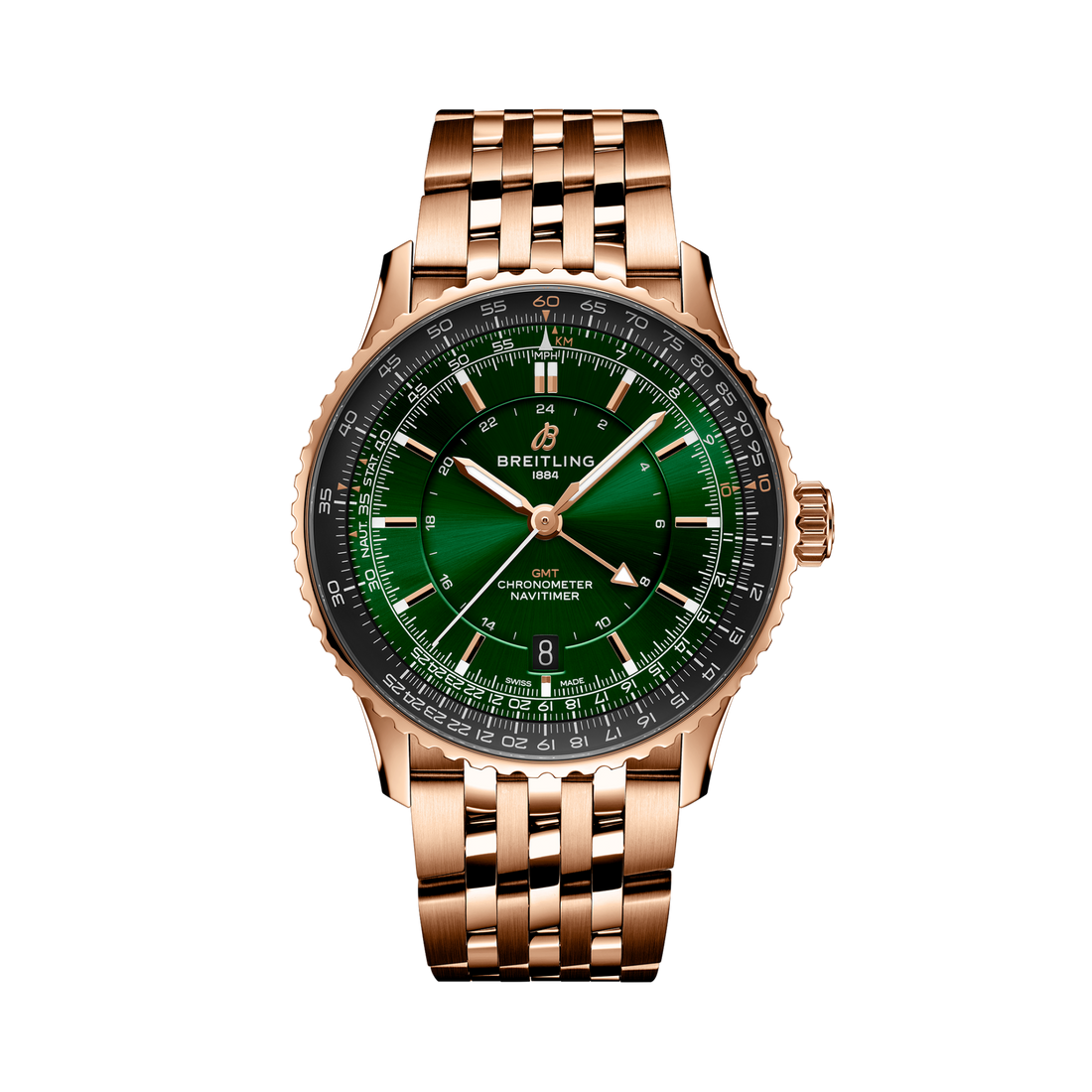 Breitling Navitimer Automatic GMT 41 reference R32310251L1R1 with Green dial, Small scale traceable 18K red gold case, bracelet, front view