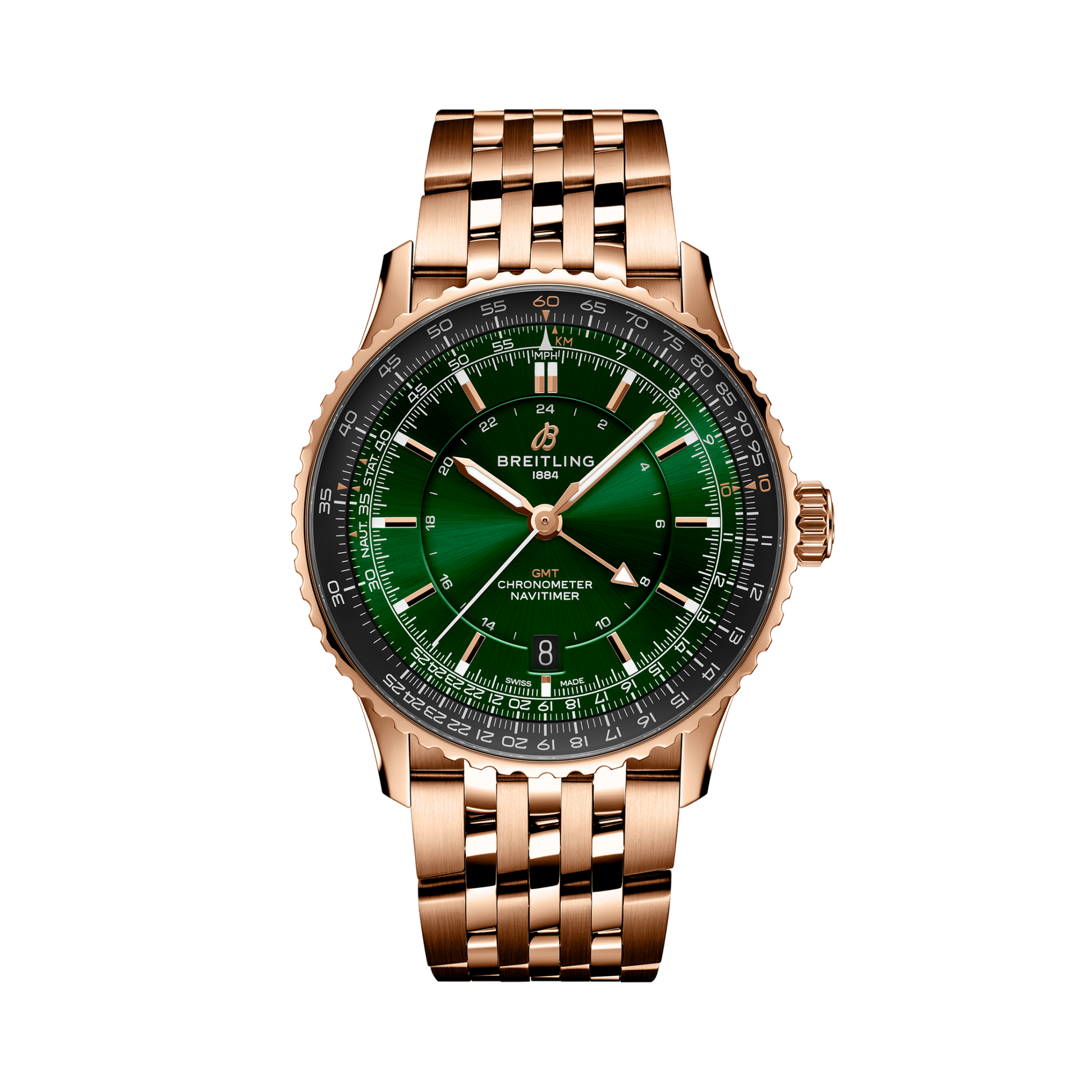 Breitling Navitimer Automatic GMT 41 reference R32310251L1R1 with Green dial, Small scale traceable 18K red gold case, bracelet, front view