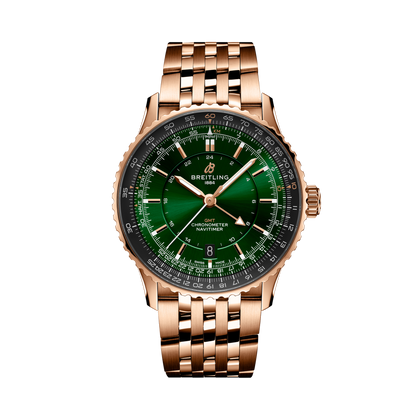 Breitling Navitimer Automatic GMT 41 reference R32310251L1R1 with Green dial, Small scale traceable 18K red gold case, bracelet, front view