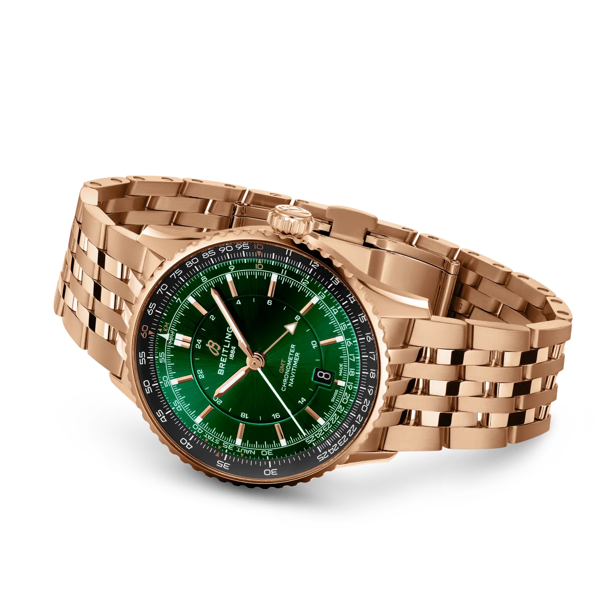 Breitling Navitimer Automatic GMT 41 reference R32310251L1R1 with Green dial, Small scale traceable 18K red gold case, bracelet, bracelet or strap configuration view