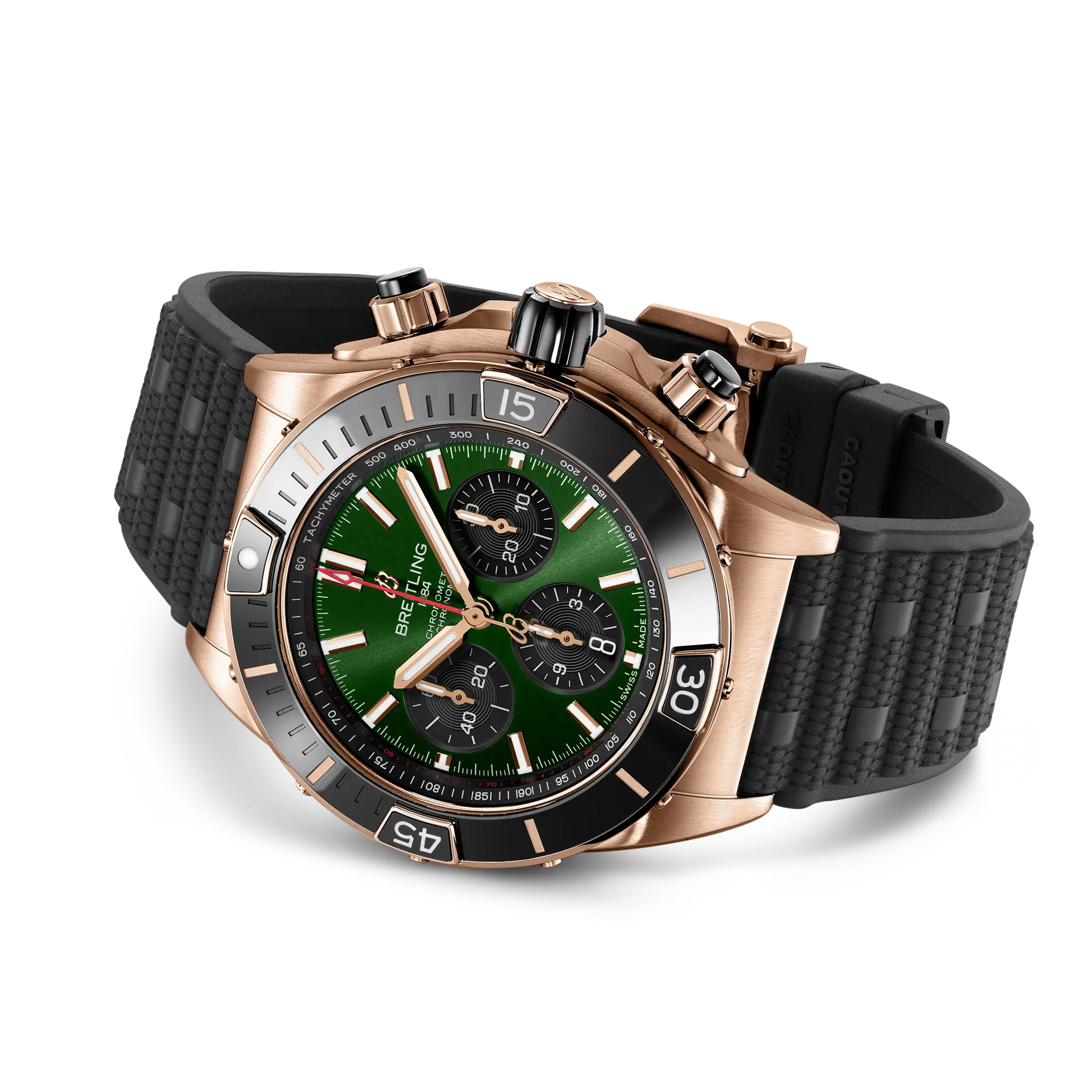 Breitling Super Chronomat B01 44 reference RB01361A1L1S1 with Green dial, 18k red gold case, rubber strap, bracelet or strap configuration view