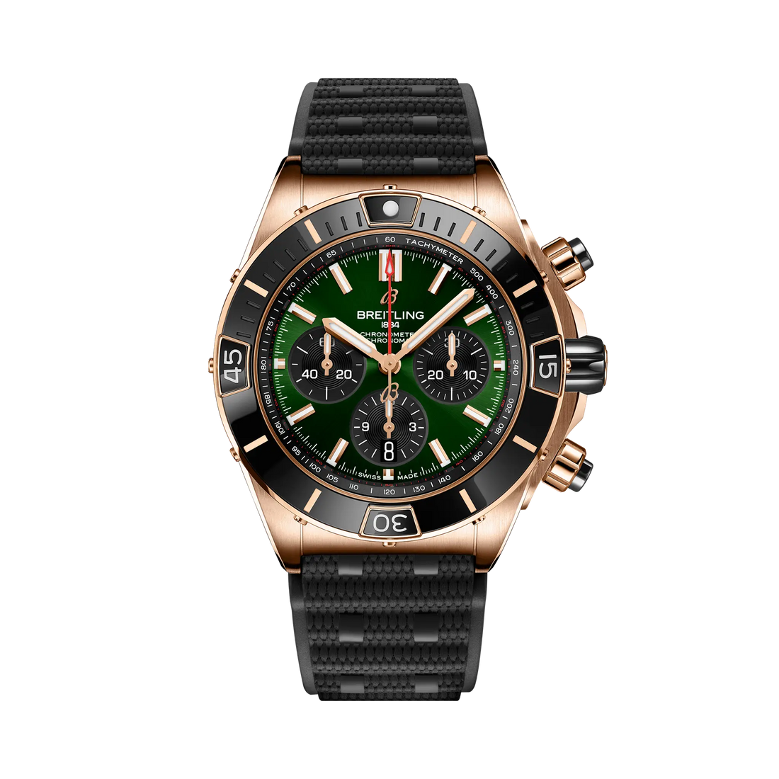 Breitling Super Chronomat B01 44 reference RB01361A1L1S1 with Green dial, 18k red gold case, rubber strap, front view