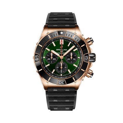 Breitling Super Chronomat B01 44 reference RB01361A1L1S1 with Green dial, 18k red gold case, rubber strap, front view