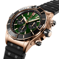Breitling Super Chronomat B01 44 reference RB01361A1L1S1 with Green dial, 18k red gold case, rubber strap, three-quarter view