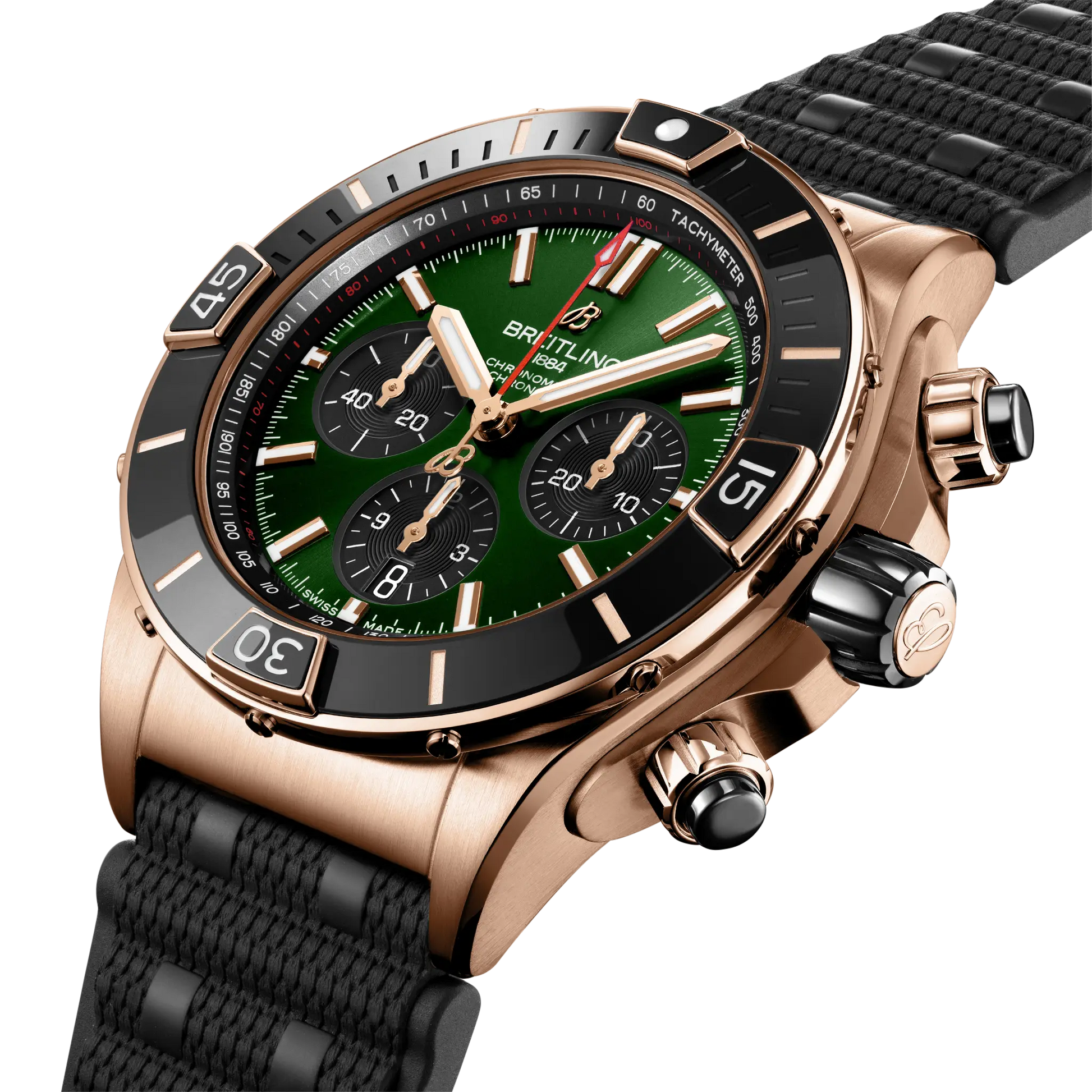Breitling Super Chronomat B01 44 reference RB01361A1L1S1 with Green dial, 18k red gold case, rubber strap, three-quarter view