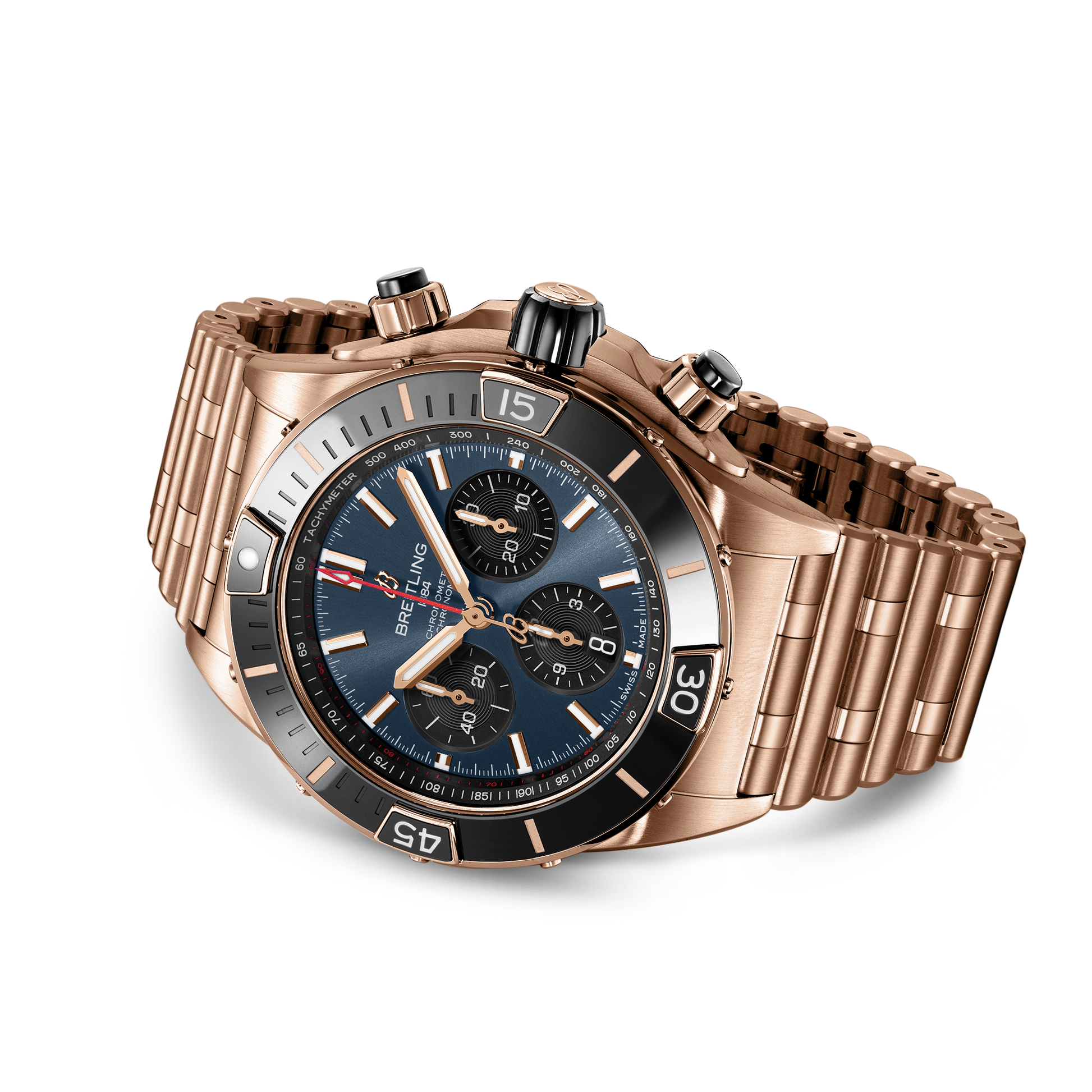 Breitling Super Chronomat B01 44 reference RB01362A1C1R1 with Blue dial, 18k red gold case, bracelet, bracelet or strap configuration view