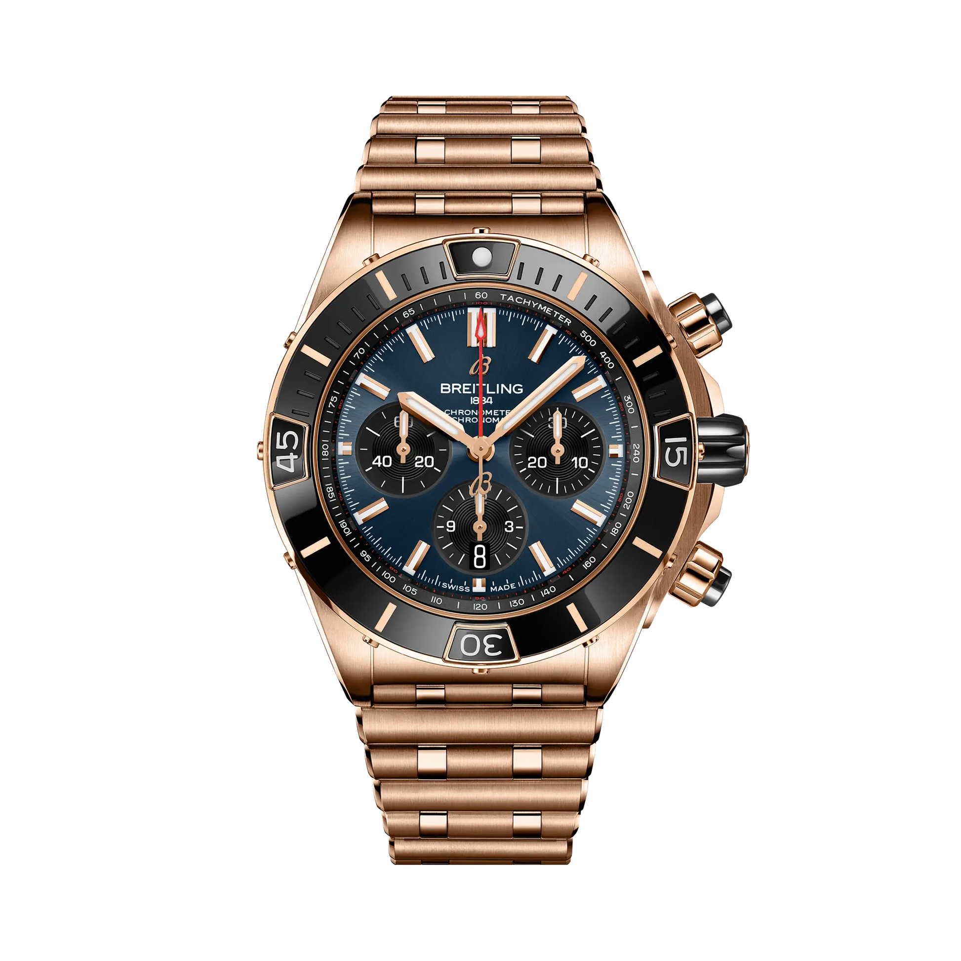 Breitling Super Chronomat B01 44 reference RB01362A1C1R1 with Blue dial, 18k red gold case, bracelet, front view