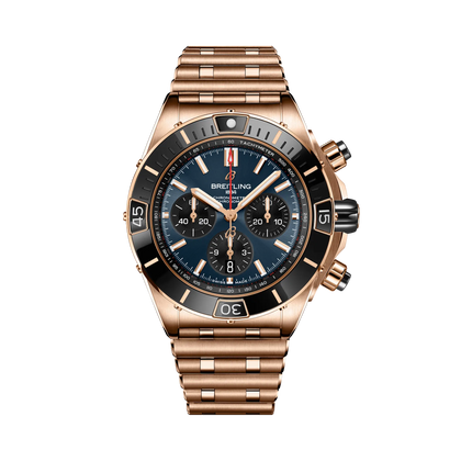 Breitling Super Chronomat B01 44 reference RB01362A1C1R1 with Blue dial, 18k red gold case, bracelet, front view