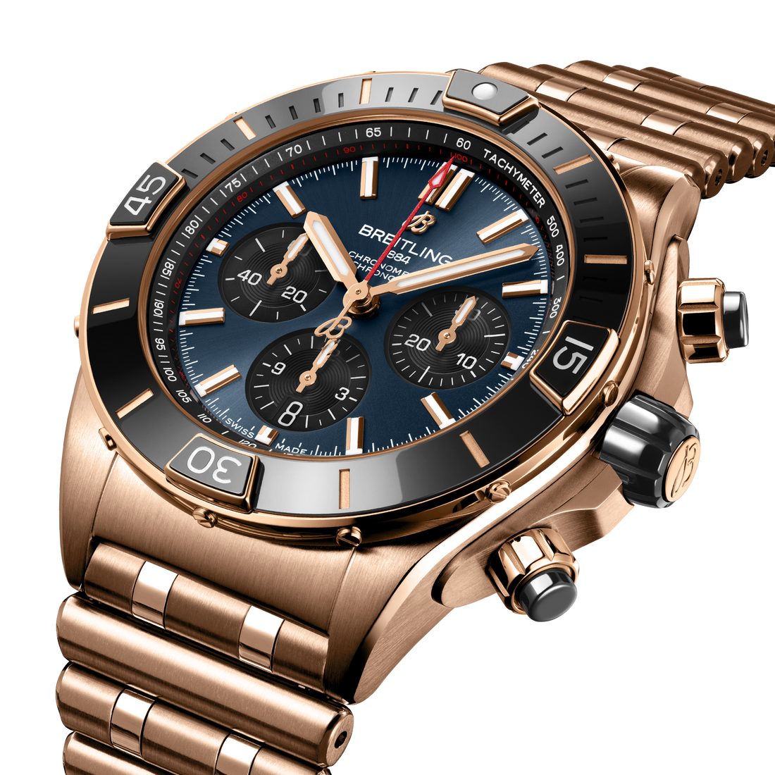 Breitling Super Chronomat B01 44 reference RB01362A1C1R1 with Blue dial, 18k red gold case, bracelet, front view