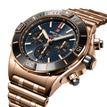 Breitling Super Chronomat B01 44 reference RB01362A1C1R1 with Blue dial, 18k red gold case, bracelet, three-quarter view