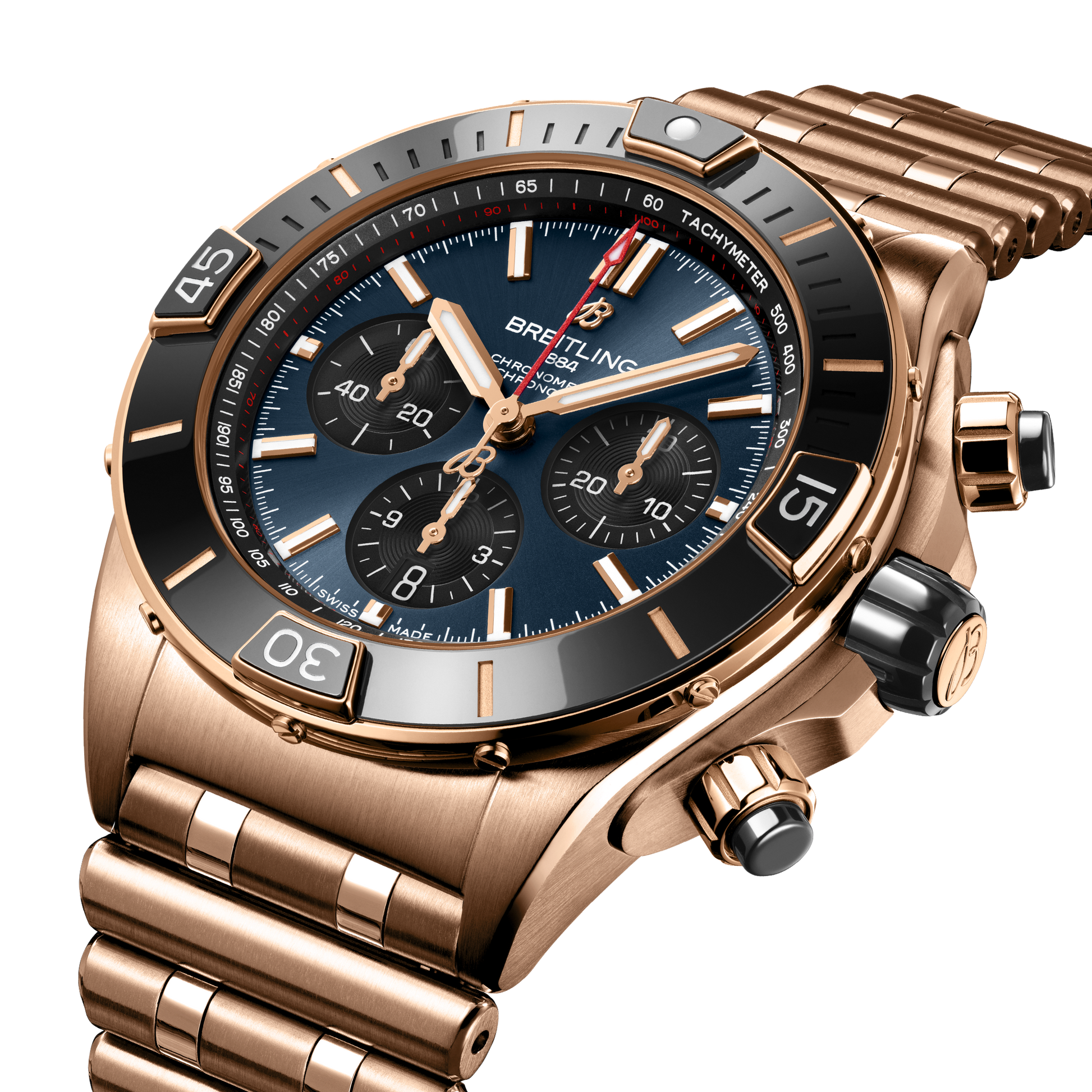 Breitling Super Chronomat B01 44 reference RB01362A1C1R1 with Blue dial, 18k red gold case, bracelet, three-quarter view