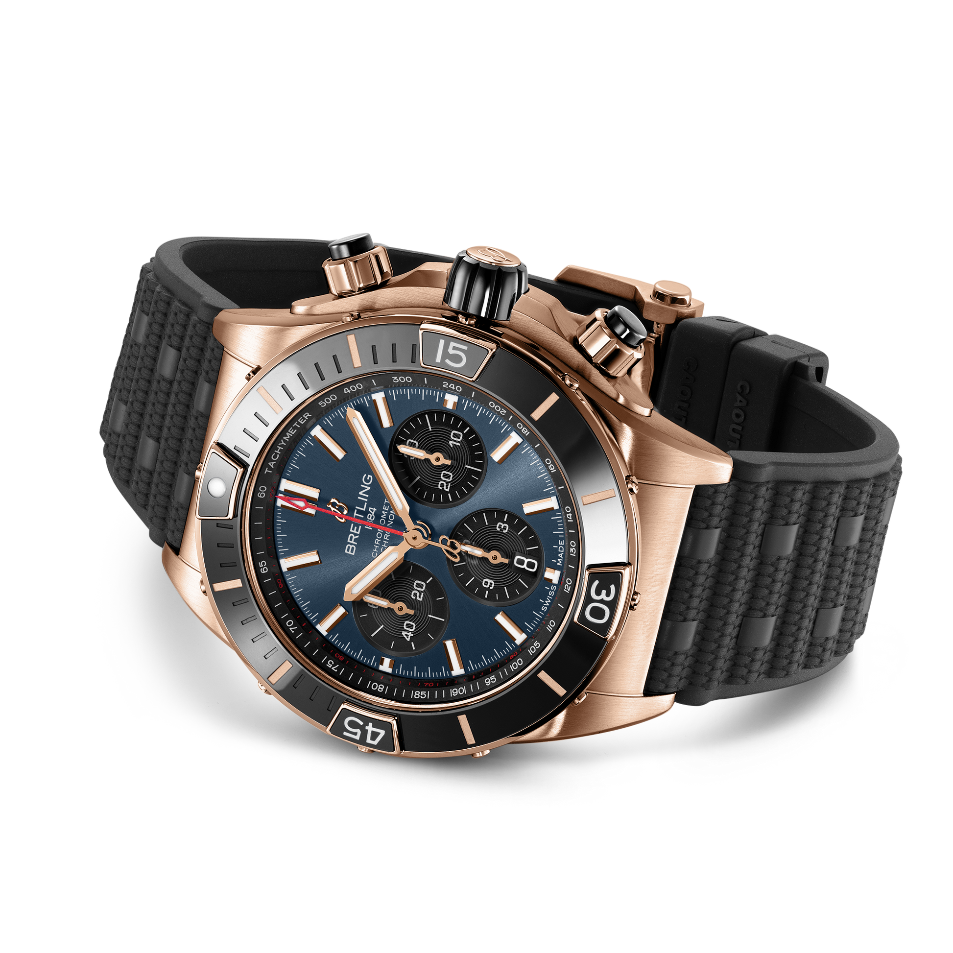 Breitling Super Chronomat B01 44 reference RB01362A1C1S1 with Blue dial, 18k red gold case, rubber strap, bracelet or strap configuration view