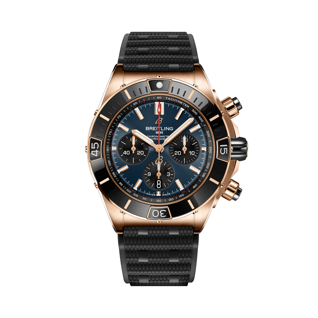 Breitling Super Chronomat B01 44 reference RB01362A1C1S1 with Blue dial, 18k red gold case, rubber strap, front view
