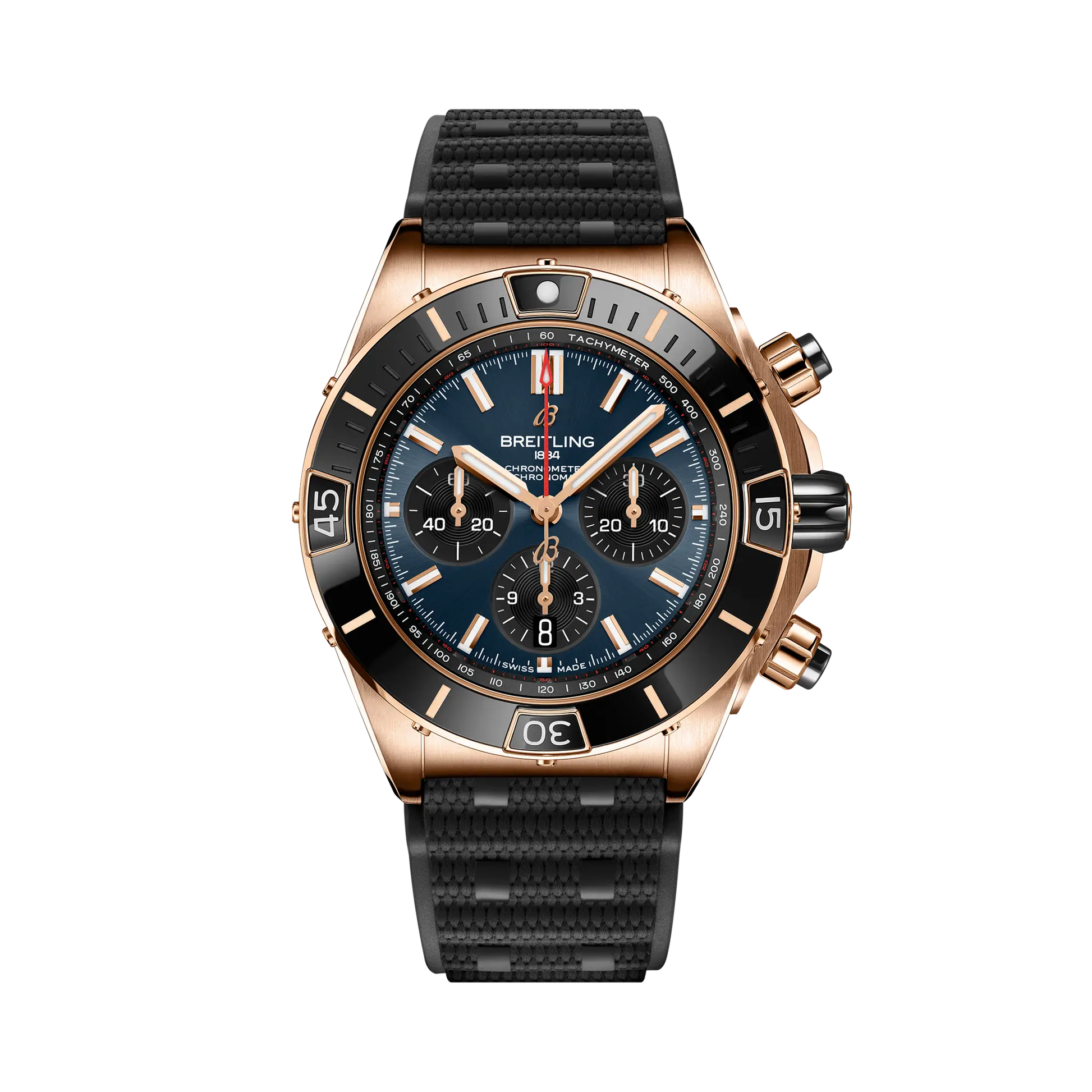 Breitling Super Chronomat B01 44 reference RB01362A1C1S1 with Blue dial, 18k red gold case, rubber strap, front view