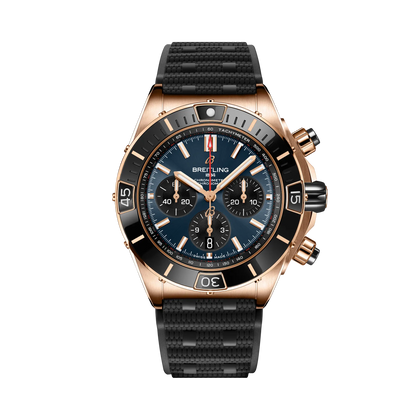 Breitling Super Chronomat B01 44 reference RB01362A1C1S1 with Blue dial, 18k red gold case, rubber strap, front view