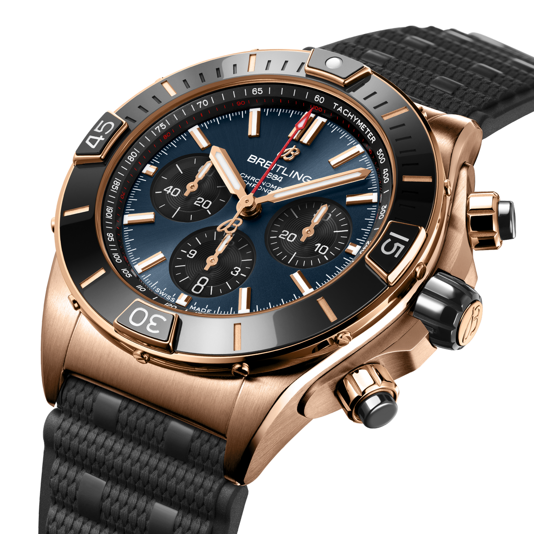Breitling Super Chronomat B01 44 reference RB01362A1C1S1 with Blue dial, 18k red gold case, rubber strap, front view
