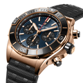 Breitling Super Chronomat B01 44 reference RB01362A1C1S1 with Blue dial, 18k red gold case, rubber strap, three-quarter view