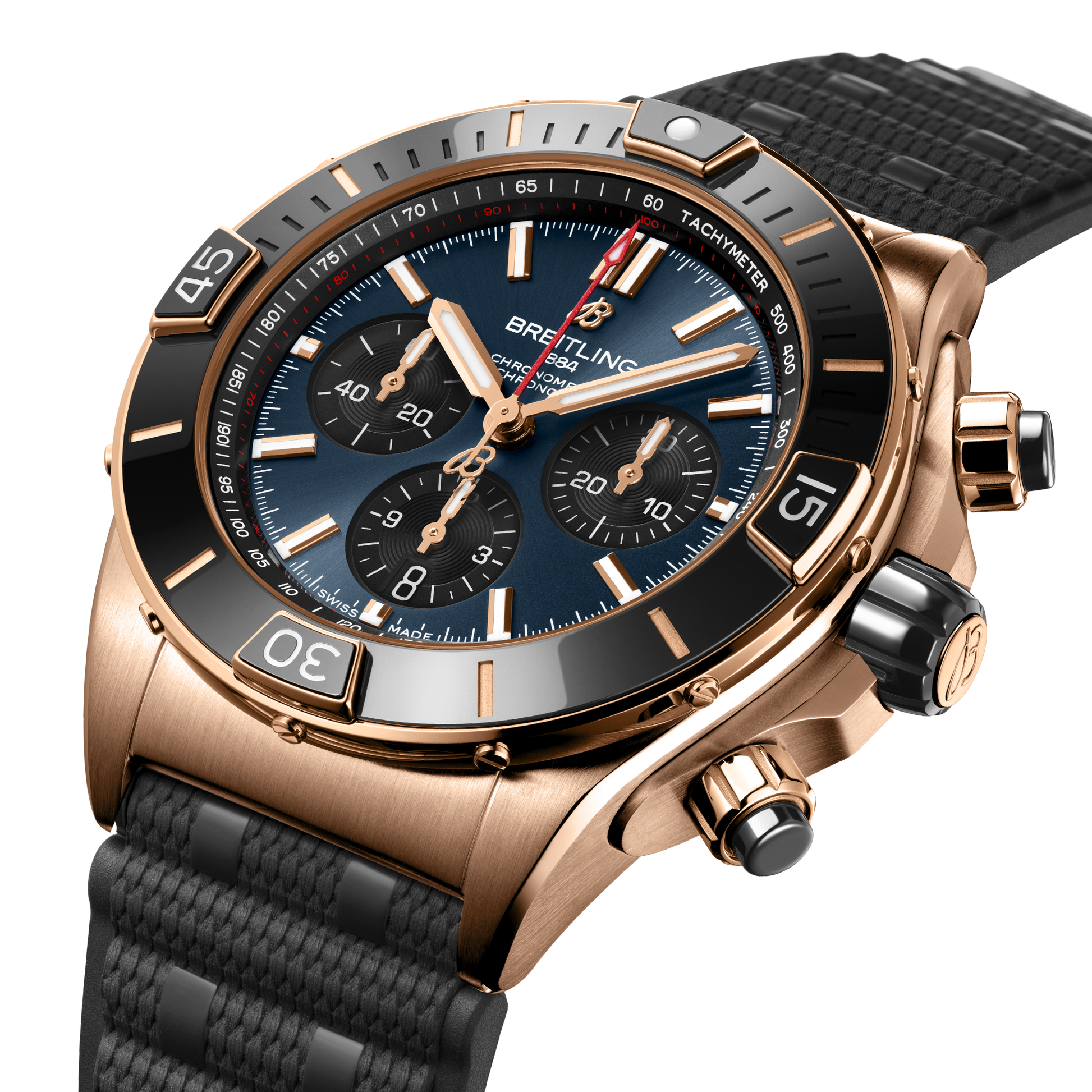 Breitling Super Chronomat B01 44 reference RB01362A1C1S1 with Blue dial, 18k red gold case, rubber strap, three-quarter view