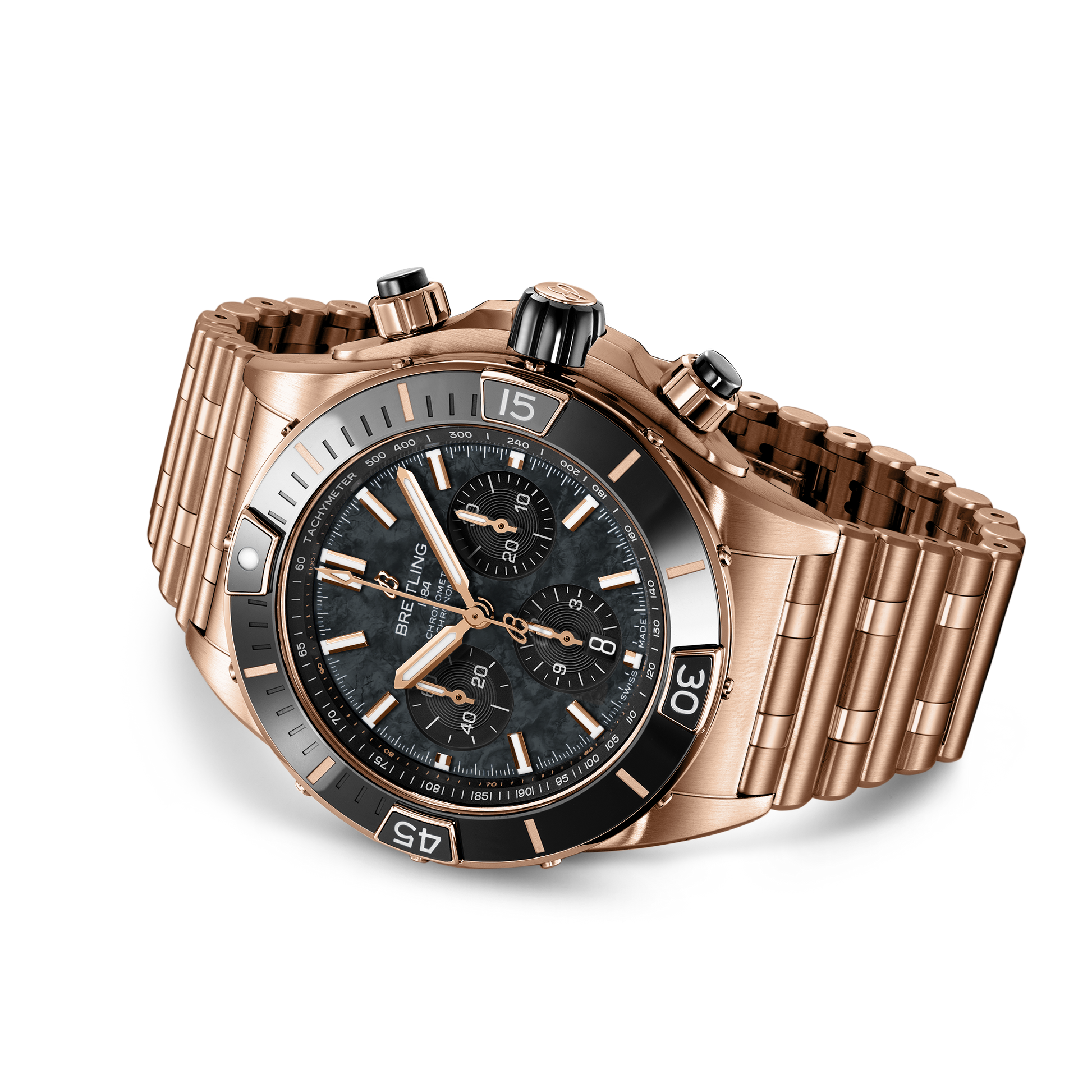 Breitling Super Chronomat B01 44 reference RB01365A1B1R1 with Black mother-of-pearl dial, 18k red gold case, bracelet, bracelet or strap configuration view