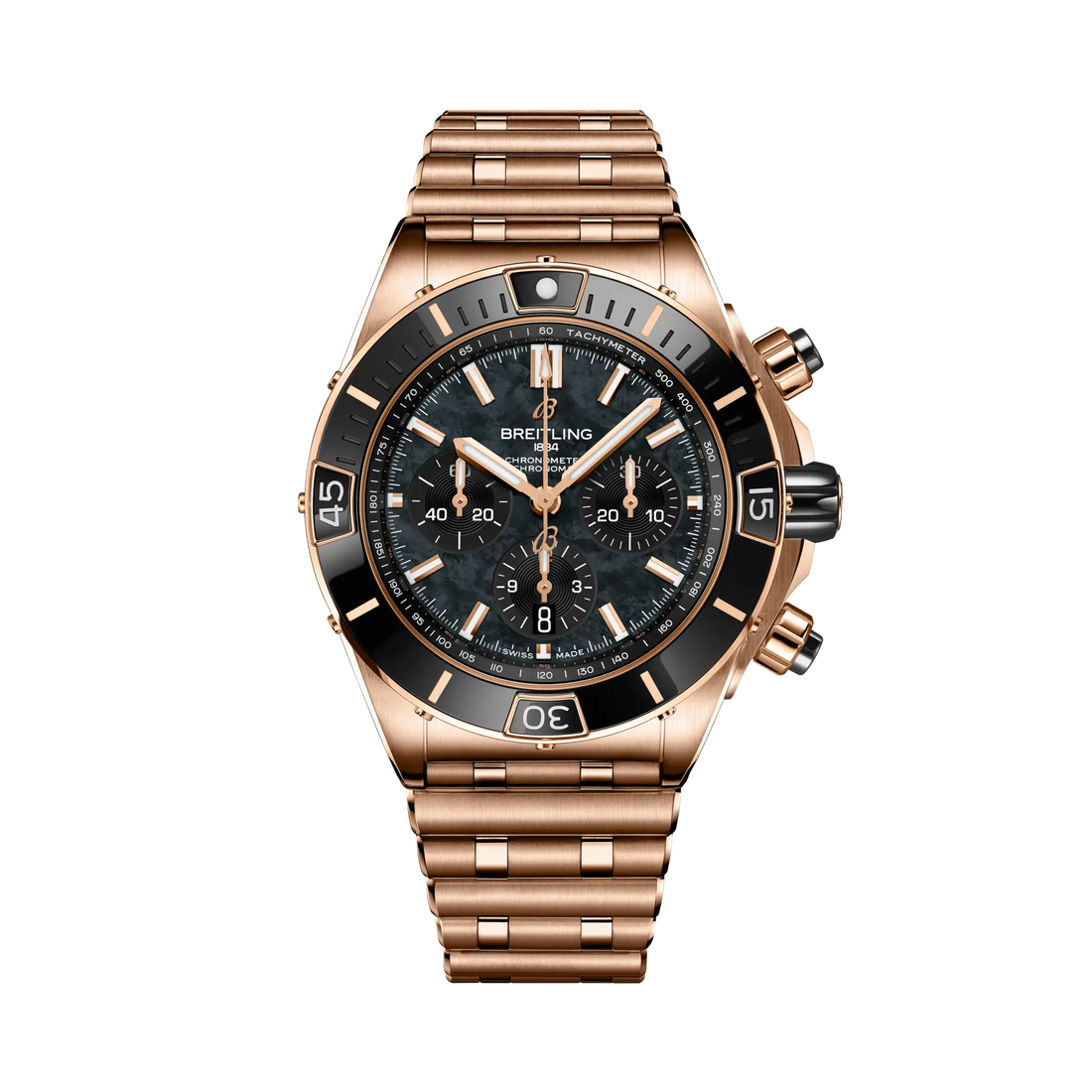 Breitling Super Chronomat B01 44 reference RB01365A1B1R1 with Black mother-of-pearl dial, 18k red gold case, bracelet, front view