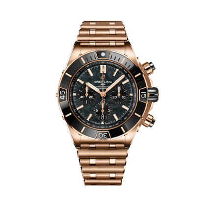 Breitling Super Chronomat B01 44 reference RB01365A1B1R1 with Black mother-of-pearl dial, 18k red gold case, bracelet, front view