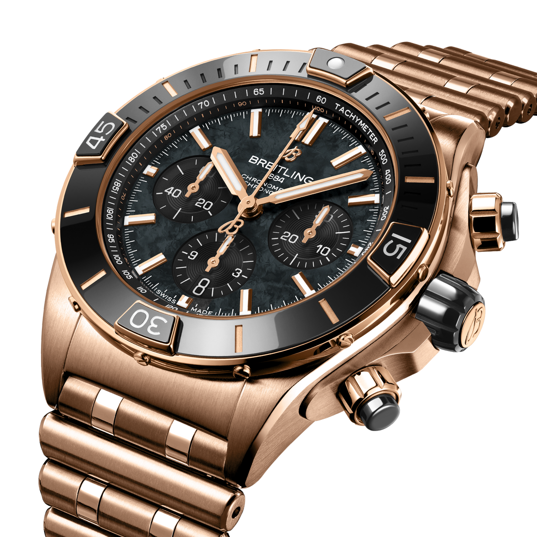 Breitling Super Chronomat B01 44 reference RB01365A1B1R1 with Black mother-of-pearl dial, 18k red gold case, bracelet, front view